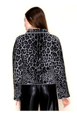 Leopard Print Knit Button Down Jacket - Black