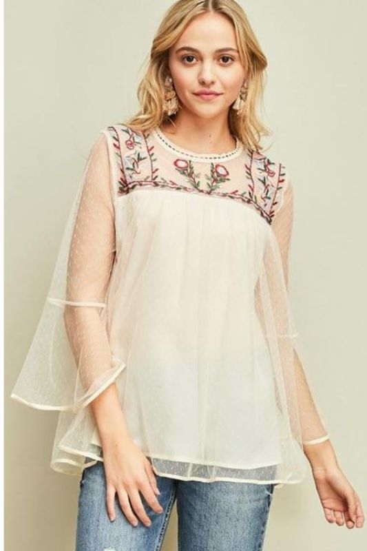 Entro Embroidered Dot Mesh Blouse - Natural