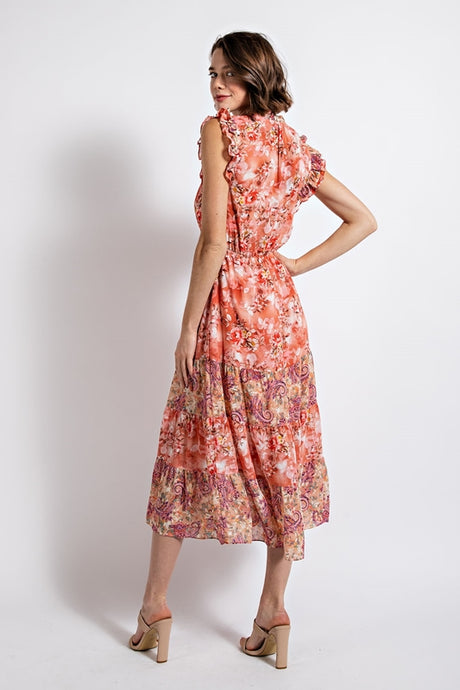 Gigio Floral Tiered Sun Midi Dress with Tie Neckline - Dusty Coral