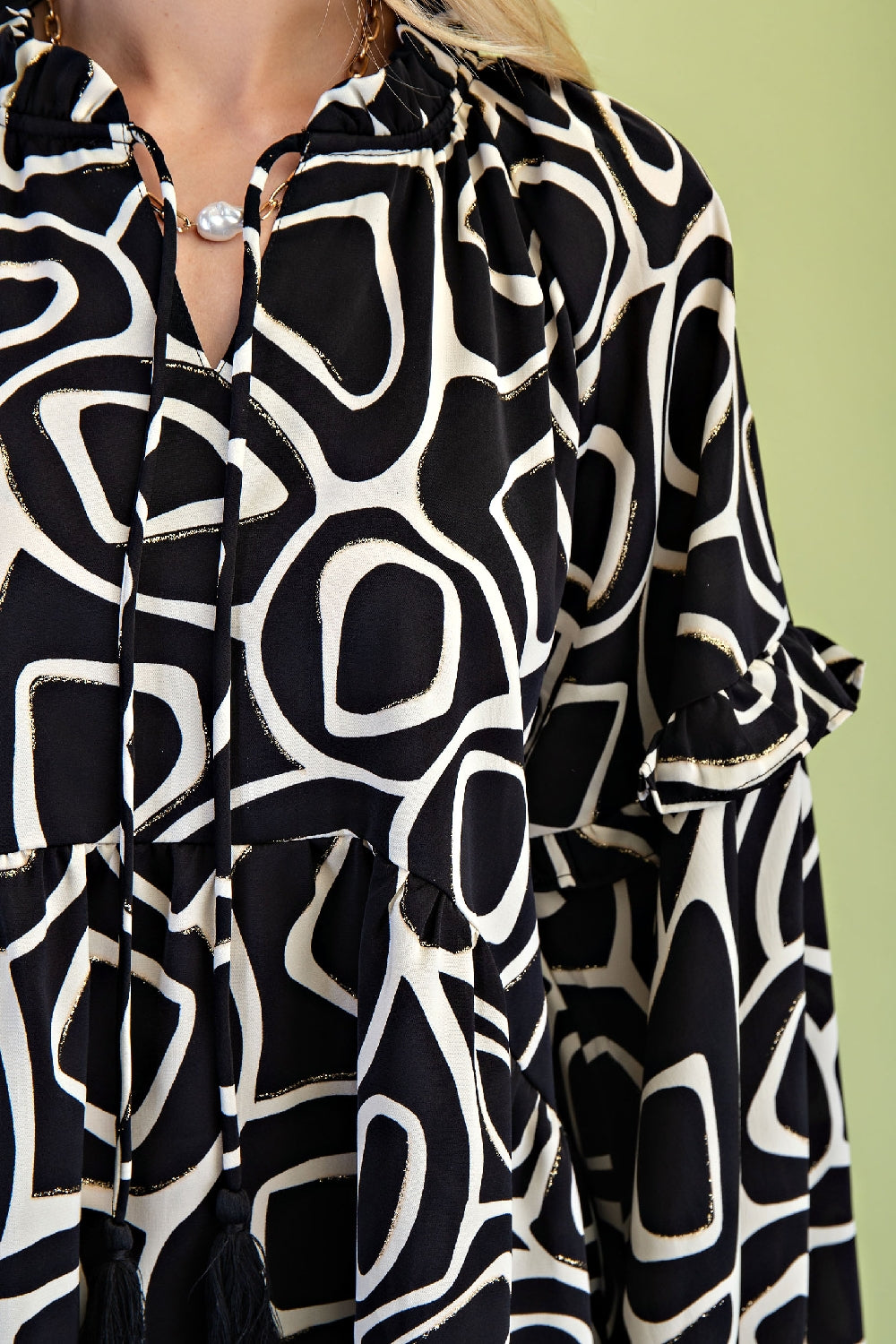 Glitter Accent Print Blouse with Ruffle Accent Bell Sleeves - Black Mix