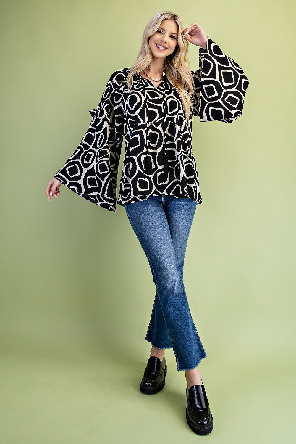 Glitter Accent Print Blouse with Ruffle Accent Bell Sleeves - Black Mix