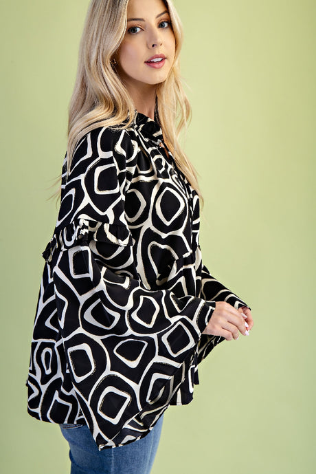 Glitter Accent Print Blouse with Ruffle Accent Bell Sleeves - Black Mix