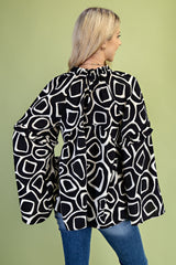 Glitter Accent Print Blouse with Ruffle Accent Bell Sleeves - Black Mix