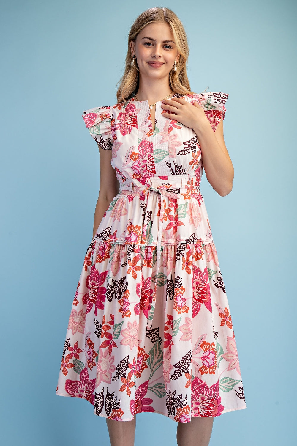 Gigio Floral Print Ruffle Sleeve Midi Dress - Rose Mix