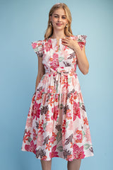 Gigio Floral Print Ruffle Sleeve Midi Dress - Rose Mix