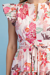 Gigio Floral Print Ruffle Sleeve Midi Dress - Rose Mix