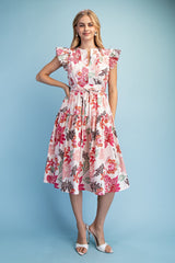 Gigio Floral Print Ruffle Sleeve Midi Dress - Rose Mix