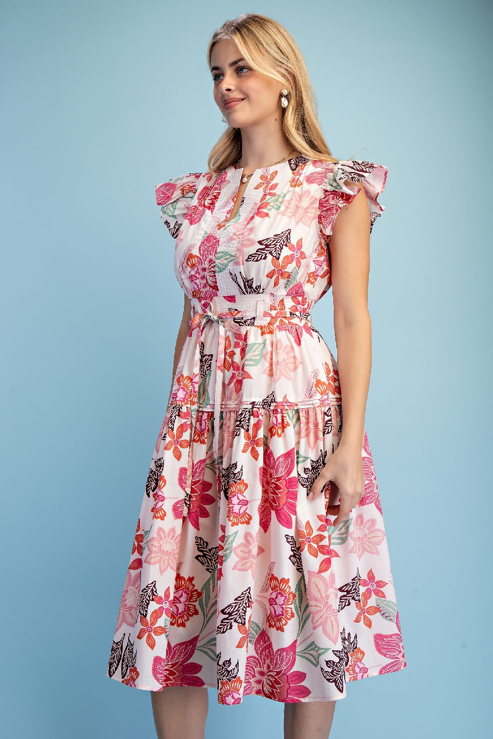Gigio Floral Print Ruffle Sleeve Midi Dress - Rose Mix