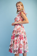 Gigio Floral Print Ruffle Sleeve Midi Dress - Rose Mix