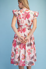Gigio Floral Print Ruffle Sleeve Midi Dress - Rose Mix