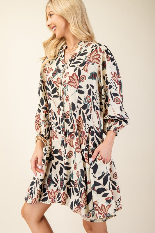 Gigio Mod Floral Shirt Flare Dress - Burgundy Mix