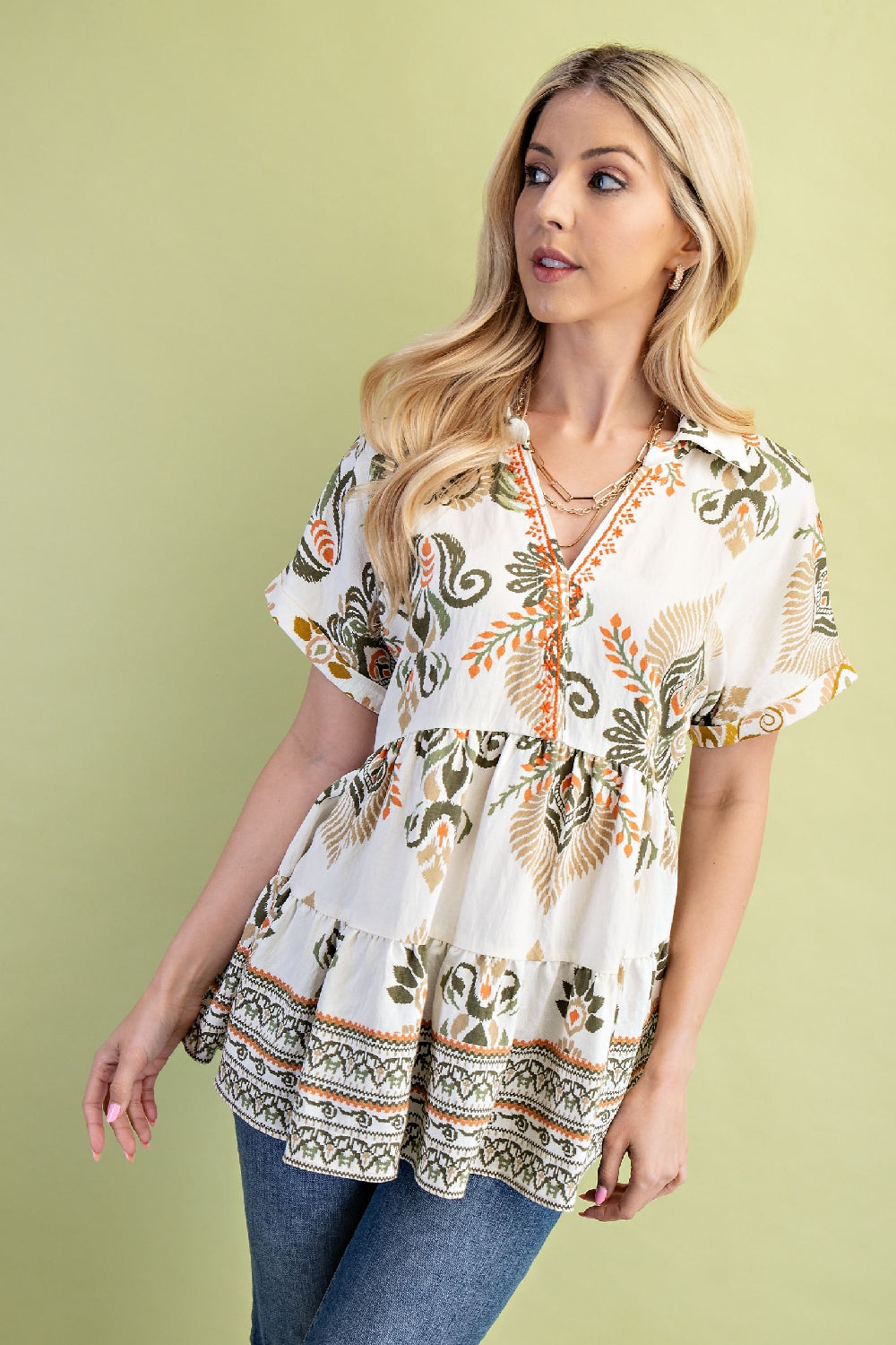 Gigio Print Tiered Babydoll Top with Embroidery - Olive