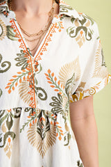 Gigio Print Tiered Top with Embroidery - Olive