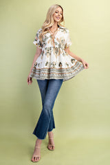 Gigio Print Tiered Top with Embroidery - Olive