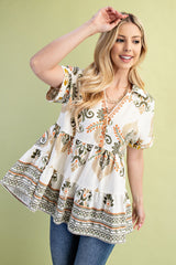 Gigio Print Tiered Top with Embroidery - Olive