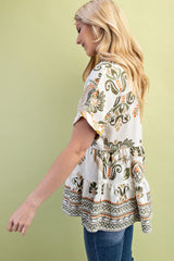 Gigio Print Tiered Top with Embroidery - Olive