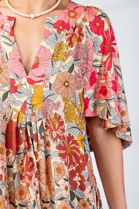 Gigio Cape Sleeve Floral Print Dress - Rose Pink