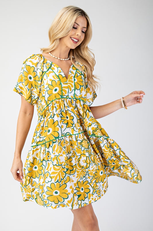 Gigio Short Sleeve Babydoll Dress with Trim - Mustard Green Medium Gigio Short Sleeve Babydoll Dress with Trim - Mustard Green Medium