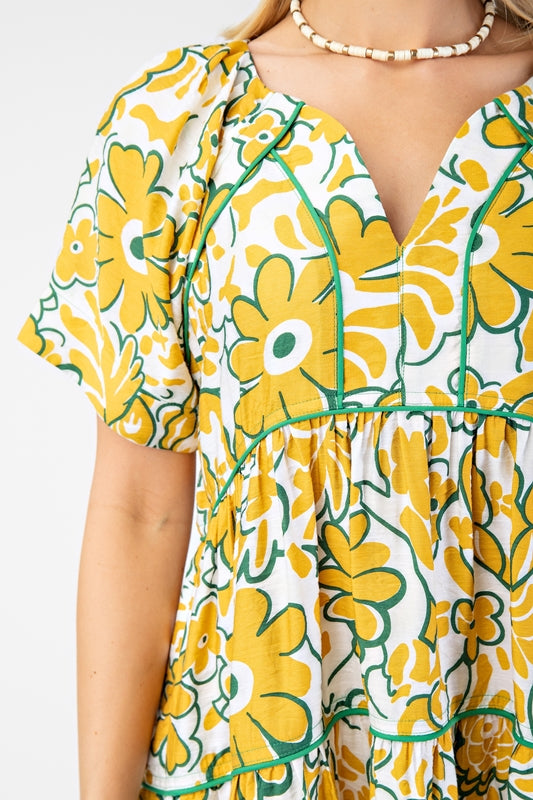 Gigio Short Sleeve Babydoll Dress with Trim - Mustard Green Medium Gigio Short Sleeve Babydoll Dress with Trim - Mustard Green Medium