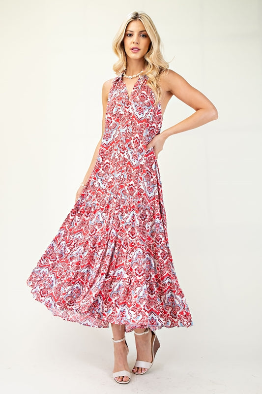 Gigio Racer Collared Print Maxi Dress Red