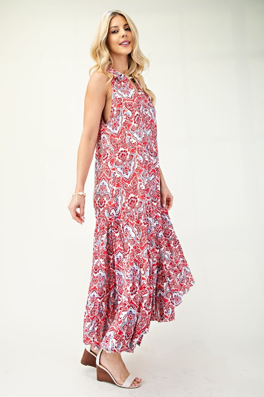 Gigio Racer Collared Print Maxi Dress Red