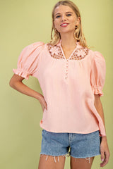 Peach Blouse Embroidered Yoke Ruffle Sleeves - Peach