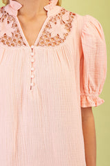 Peach Blouse Embroidered Yoke Ruffle Sleeves - Peach