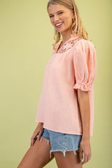 Peach Blouse Embroidered Yoke Ruffle Sleeves - Peach