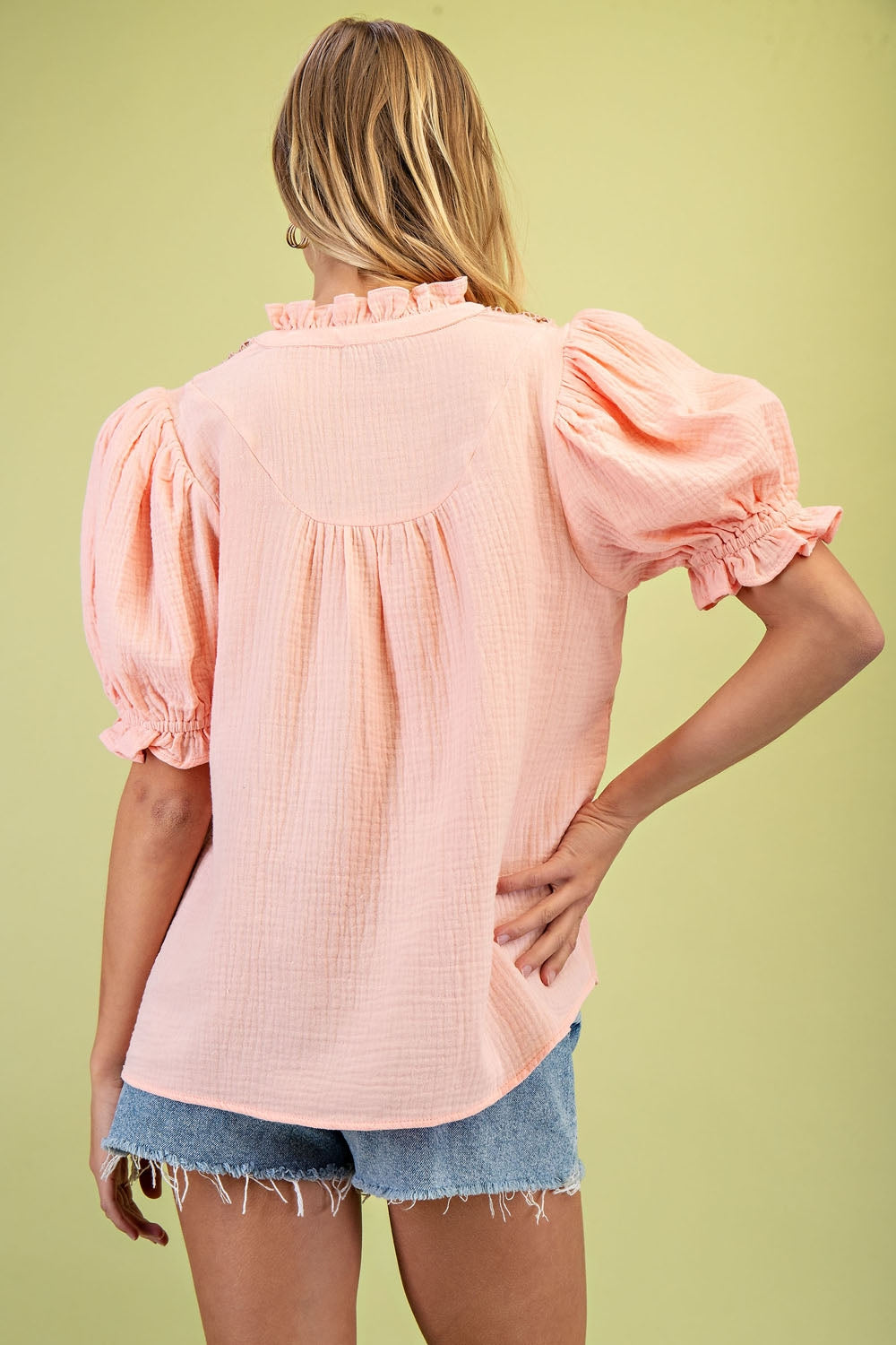 Peach Blouse Embroidered Yoke Ruffle Sleeves - Peach