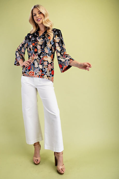 Gigio Bold Floral Print Top 3/4 Sleeves - Black