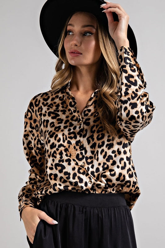 Eesome Leopard Print Button Front Blouse