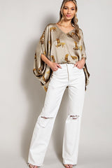 Eesome Leopard Print Satin Poncho Blouse - Olive