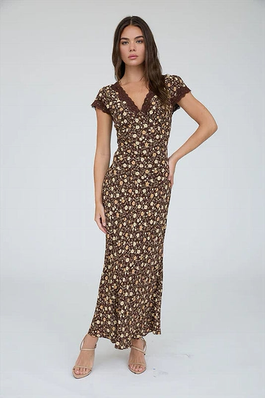 The Workshop by Blue Pepper Floral Lace Trim Maxi Dress - Brown