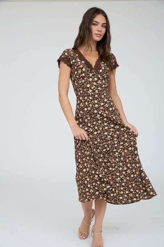 Blu Pepper Floral Lace Trim Maxi Dress - Brown Multi