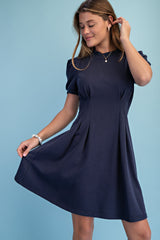 Gigio Sweatshirt Mini Dress Puff Sleeve & Pleats - Navy