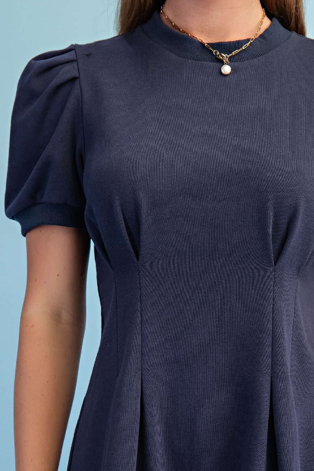 Gigio Sweatshirt Mini Dress Puff Sleeve & Pleats - Navy