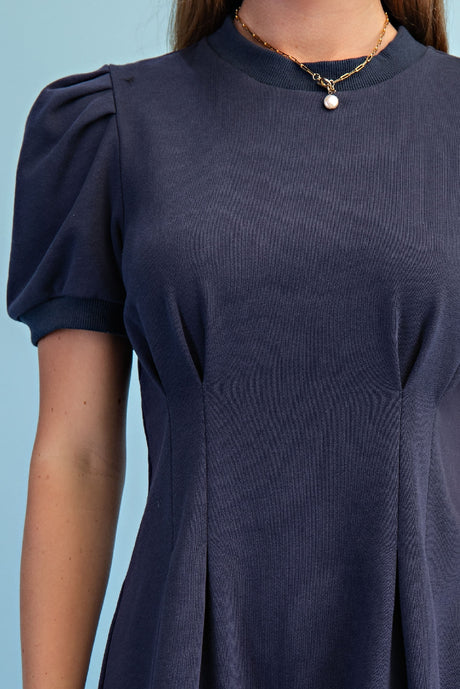 Gigio Sweatshirt Mini Dress Puff Sleeve & Pleats - Navy