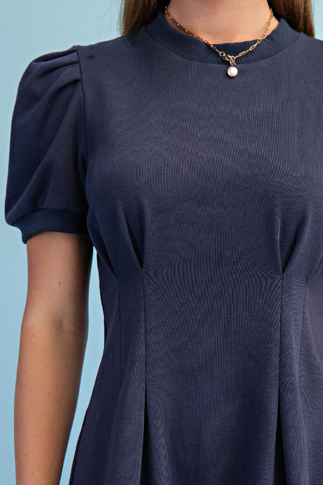 Gigio Sweatshirt Mini Dress Puff Sleeve & Pleats - Navy
