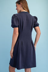 Gigio Sweatshirt Mini Dress Puff Sleeve & Pleats - Navy
