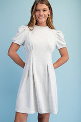Gigio Sweatshirt Mini Dress Puff Sleeve & Pleats - White Melange