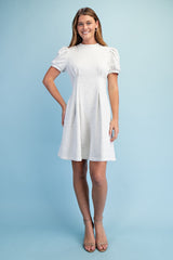 Gigio Sweatshirt Mini Dress Puff Sleeve & Pleats - White Melange