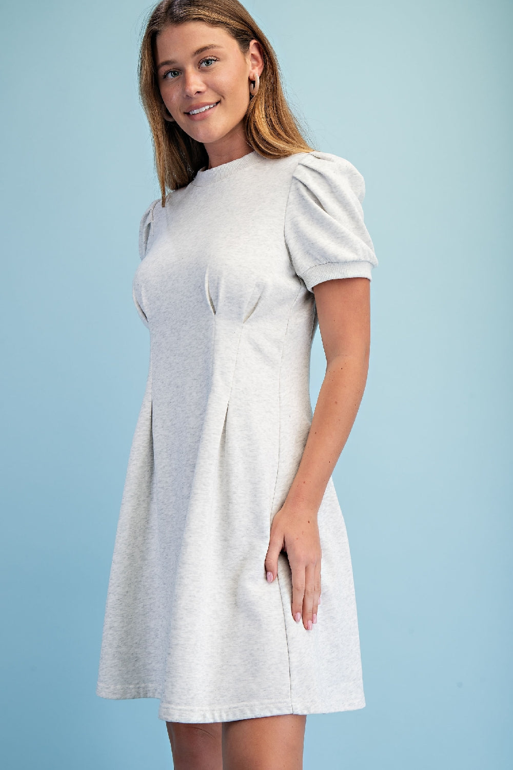 Gigio Sweatshirt Mini Dress Puff Sleeve & Pleats - White Melange