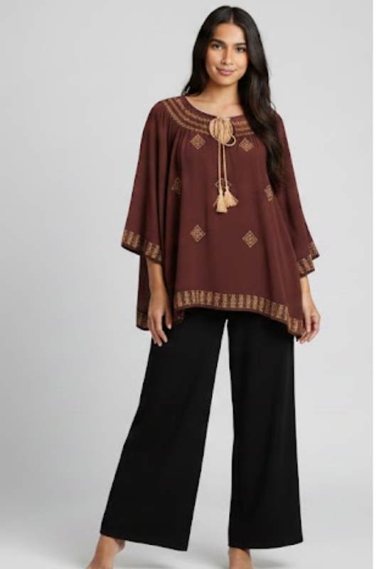 Umgee Geometric Blouse with Tassel and Yoke - Azuki