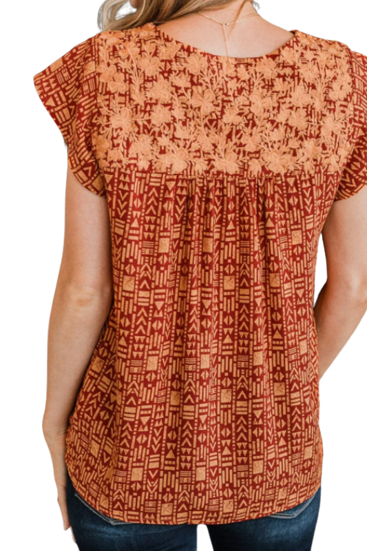 Savanna Jane Embroidered Babydoll Blouse - Rust Marigold