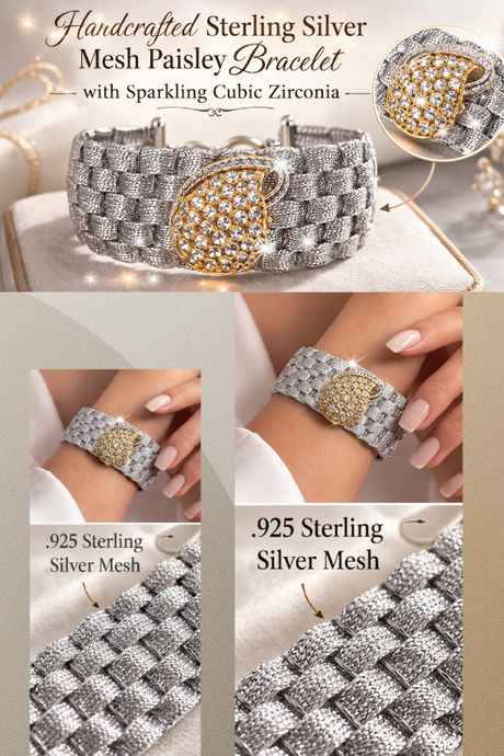 Wide Sterling Silver Mesh Bracelet with Cubic Zirconia Paisley – Artisan Jewelry
