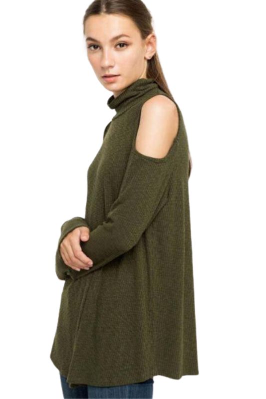 Mittoshop Mock Turtleneck Cold Shoulder Top - Olive or Taupe
