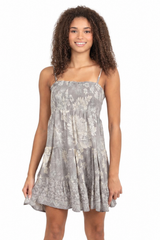 Angie Smocked Tiered Flower Mini Dress - Silver