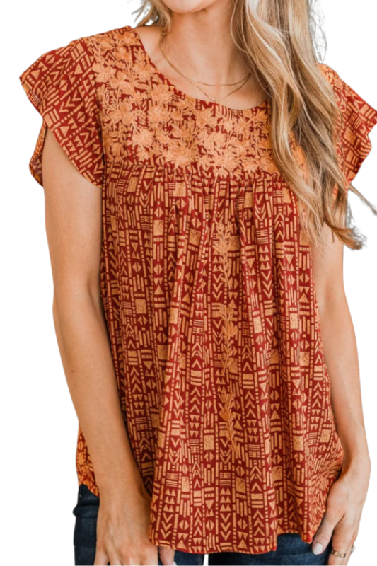 Savanna Jane Embroidered Babydoll Blouse - Rust Marigold