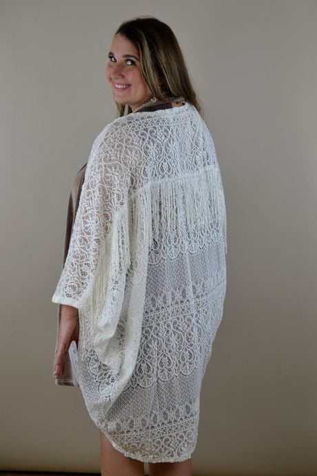 Honey Punch White Lace Fringe Kimono Boho Lace Cover Up Cardigan