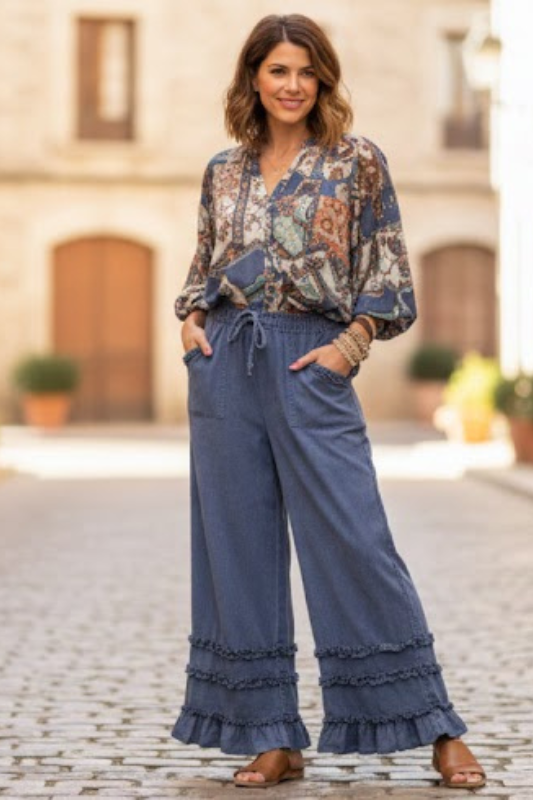 Mittoshop Frilled Ruffle Wide Pants - Blueberry Indigo Denim